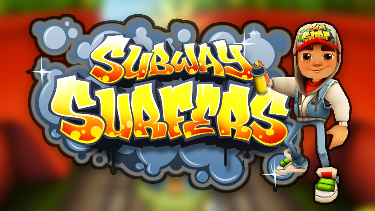 Alt text for image: Colourful gameplay screenshot of Subway Surfers featuring a character running on train tracks, dodging obstacles, and collecting coins.